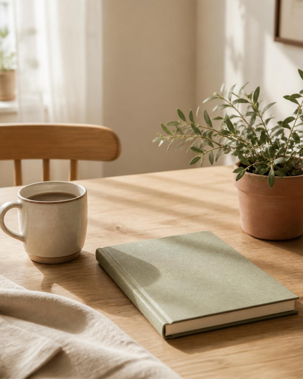 E-book over rustige communicatie tussen ex-partners, met een notebook, koffiemok en plant